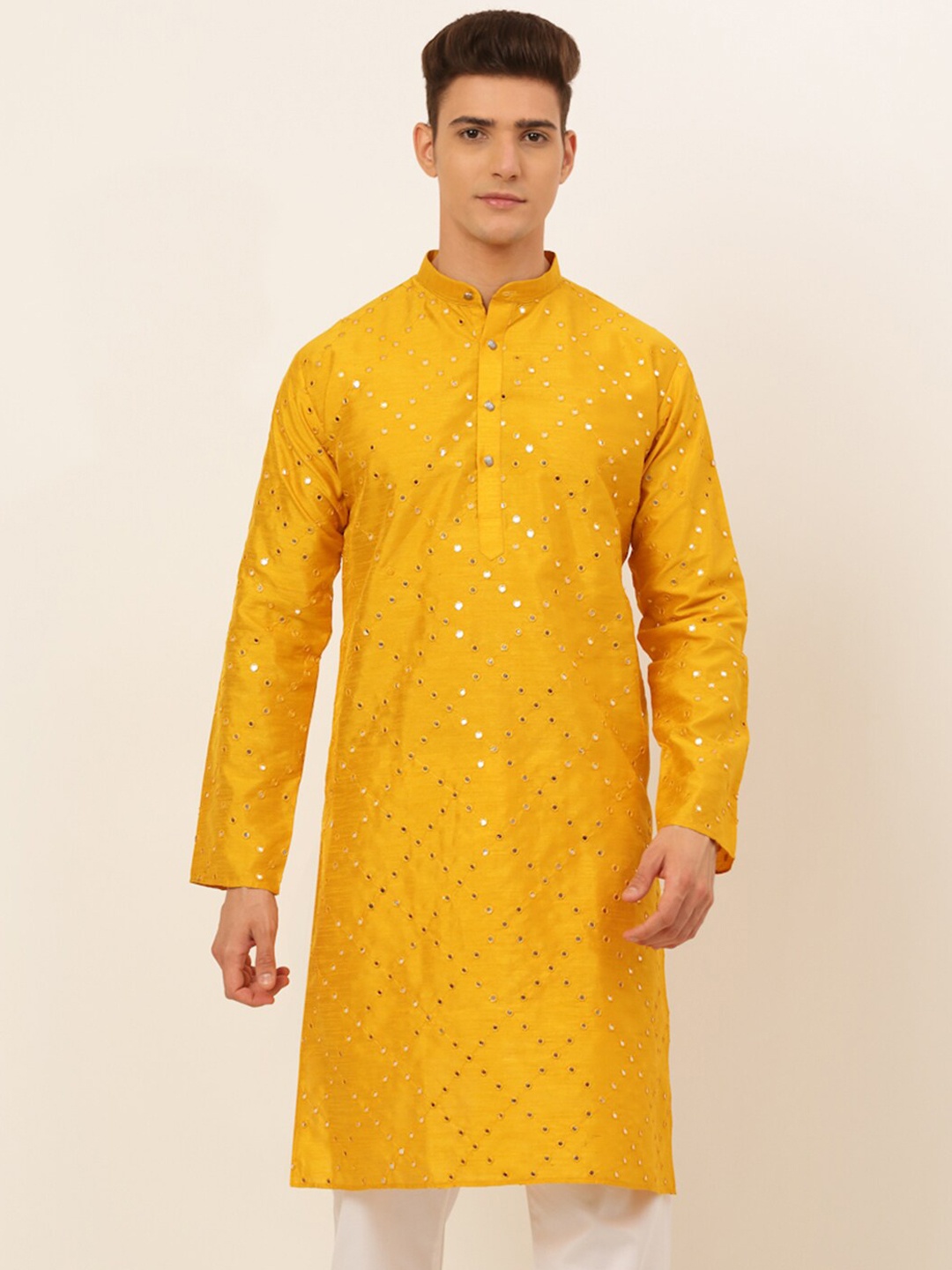

Jompers Men Mustard Yellow Geometric Embroidered Kurta