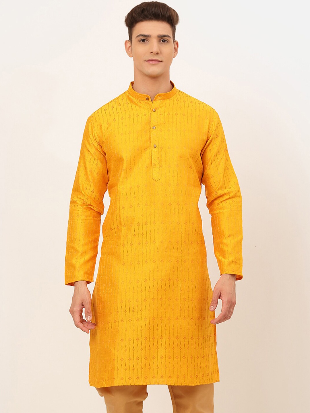 

Jompers Men Mustard Yellow Woven Design Jacquard Kurta