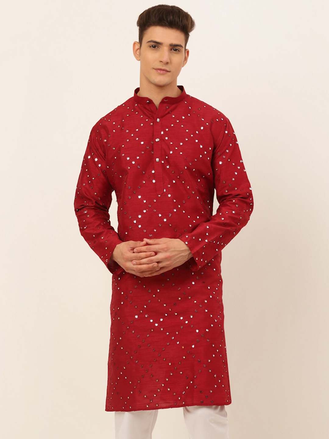 

Jompers Men Maroon Ethnic Motifs Embroidered Mirror Work Kurta