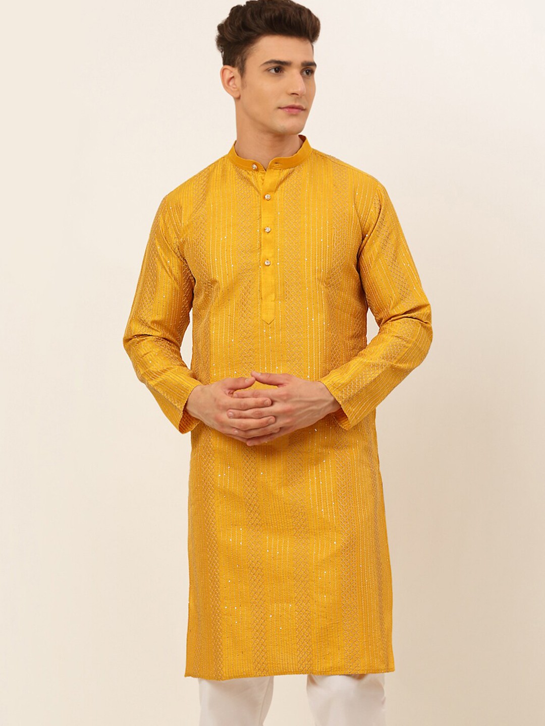 

Jompers Men Mustard Yellow Self Design Kurta