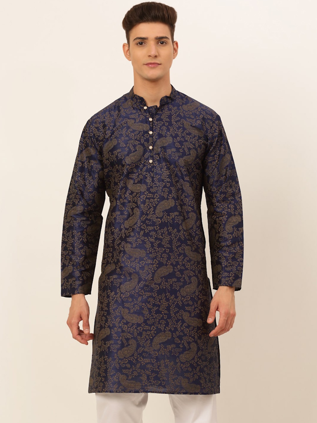 

Jompers Men Navy Blue Paisley Printed Thread Work Kurta