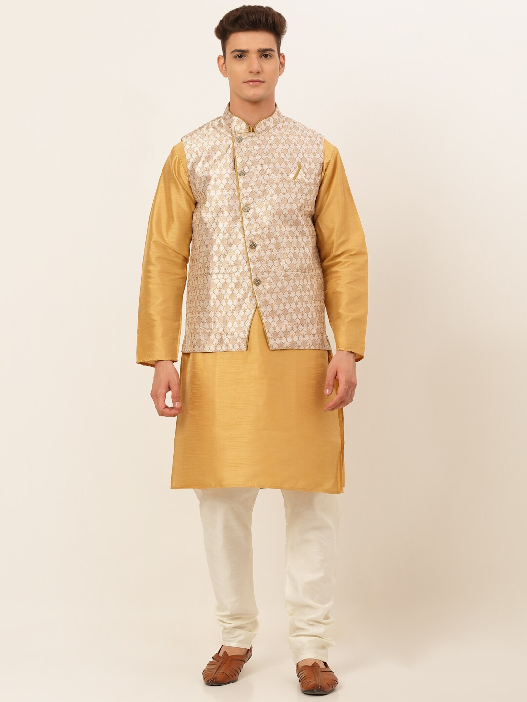 

Jompers Men Gold-Toned Solid Kurta with Churidar With Nehru Jacket