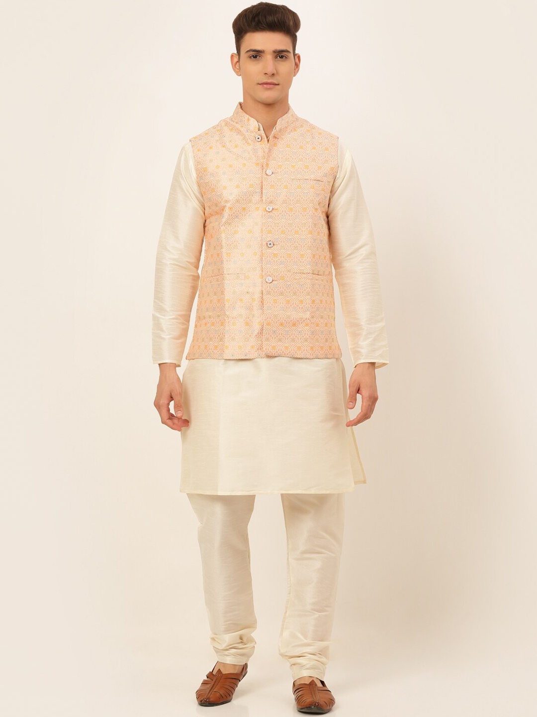 

Jompers Men Pink Kurta Churidar With Nehru Jacket