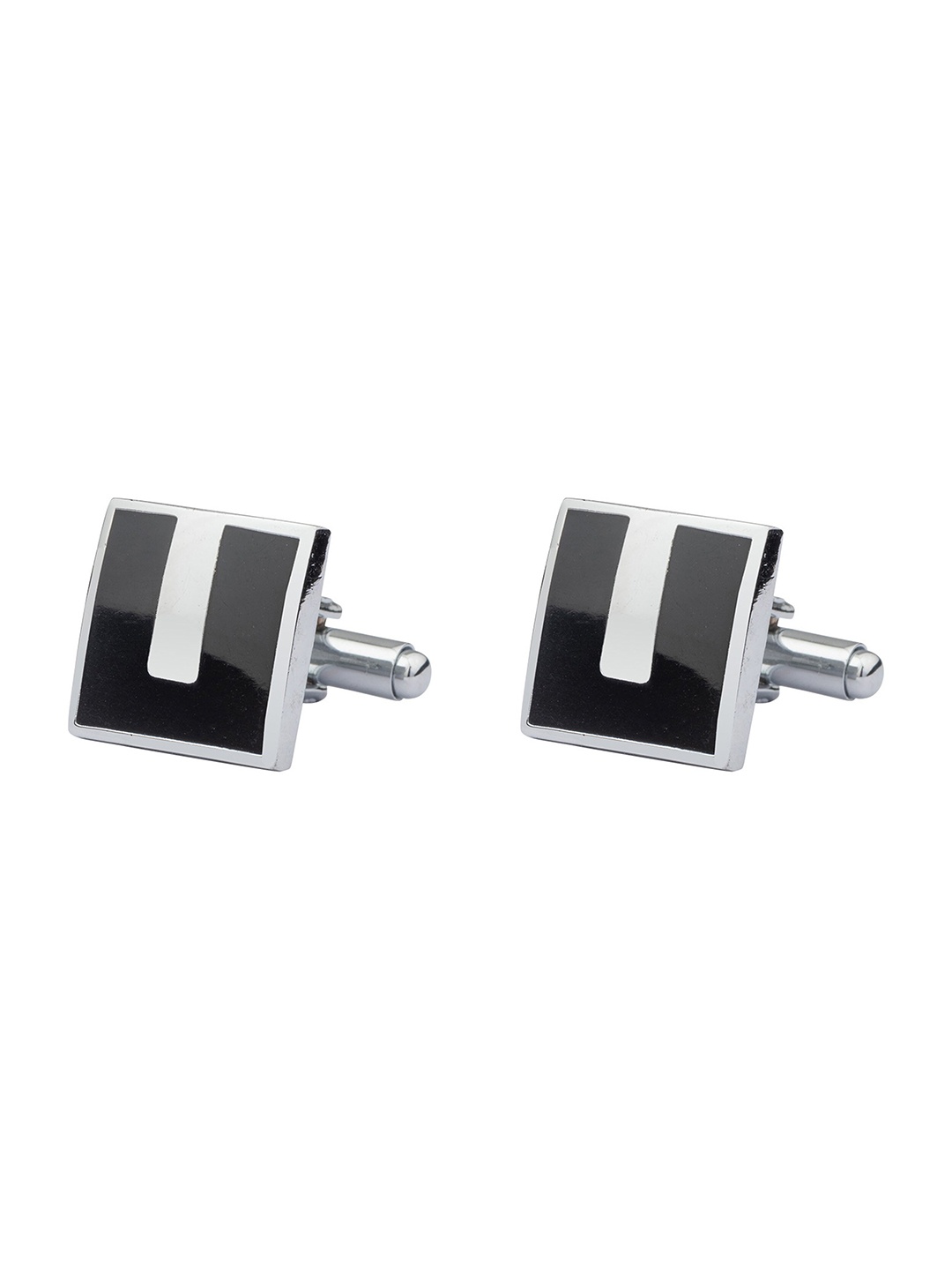 

The Tie Hub Men Silver-Plated & Black Rectangular Brass Cufflinks