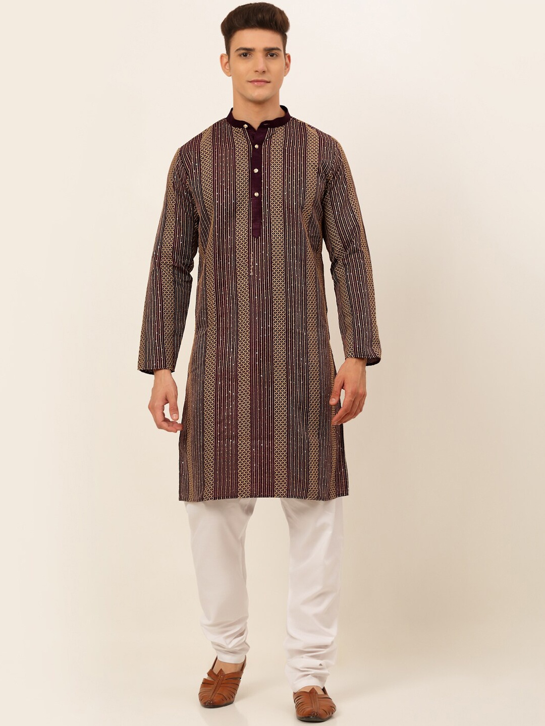 

Jompers Men Purple Striped Sequinned Kurta with Pyjamas