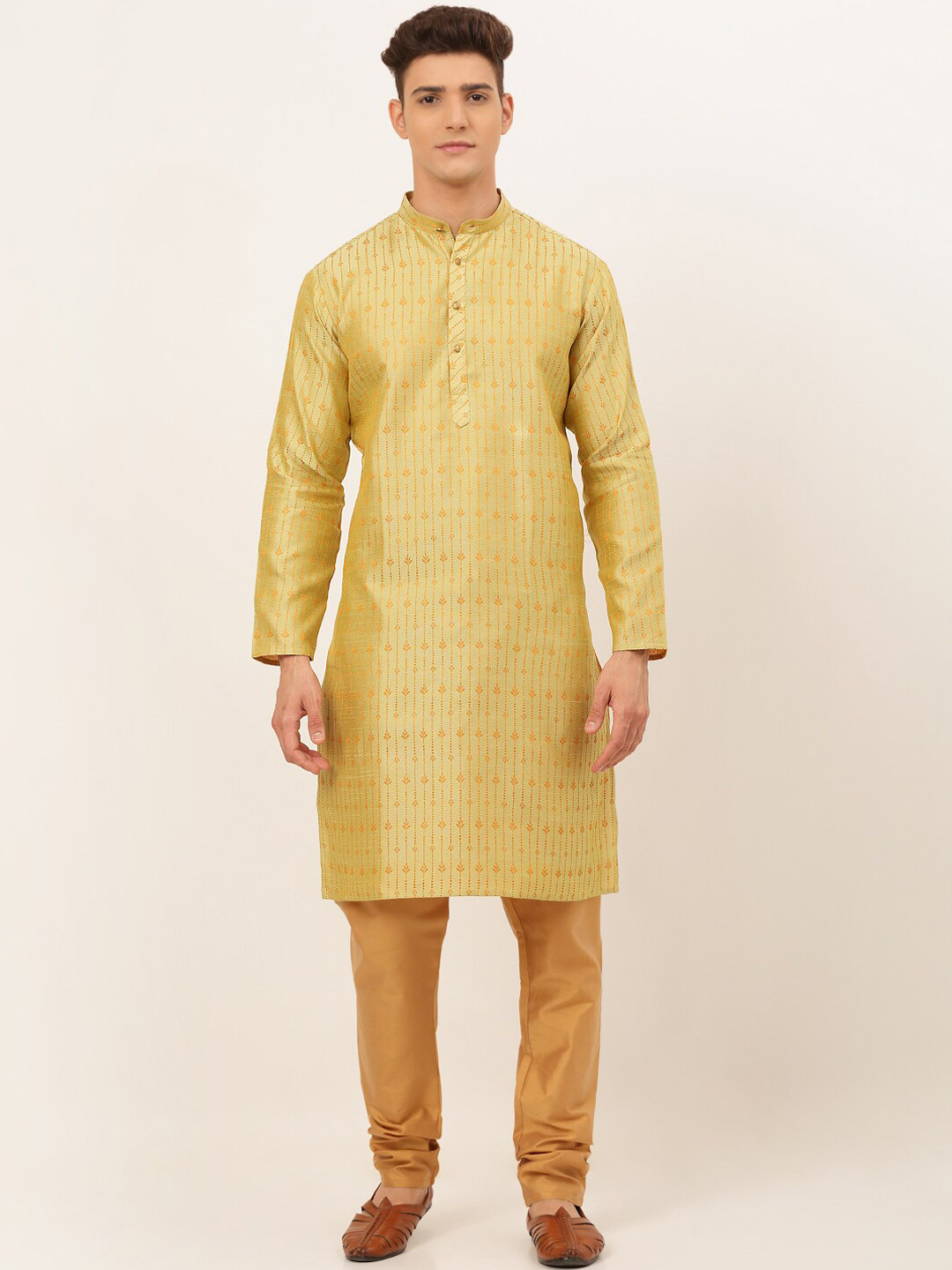 

Jompers Men Yellow Embroidered Silk Blend Kurta with Churidar