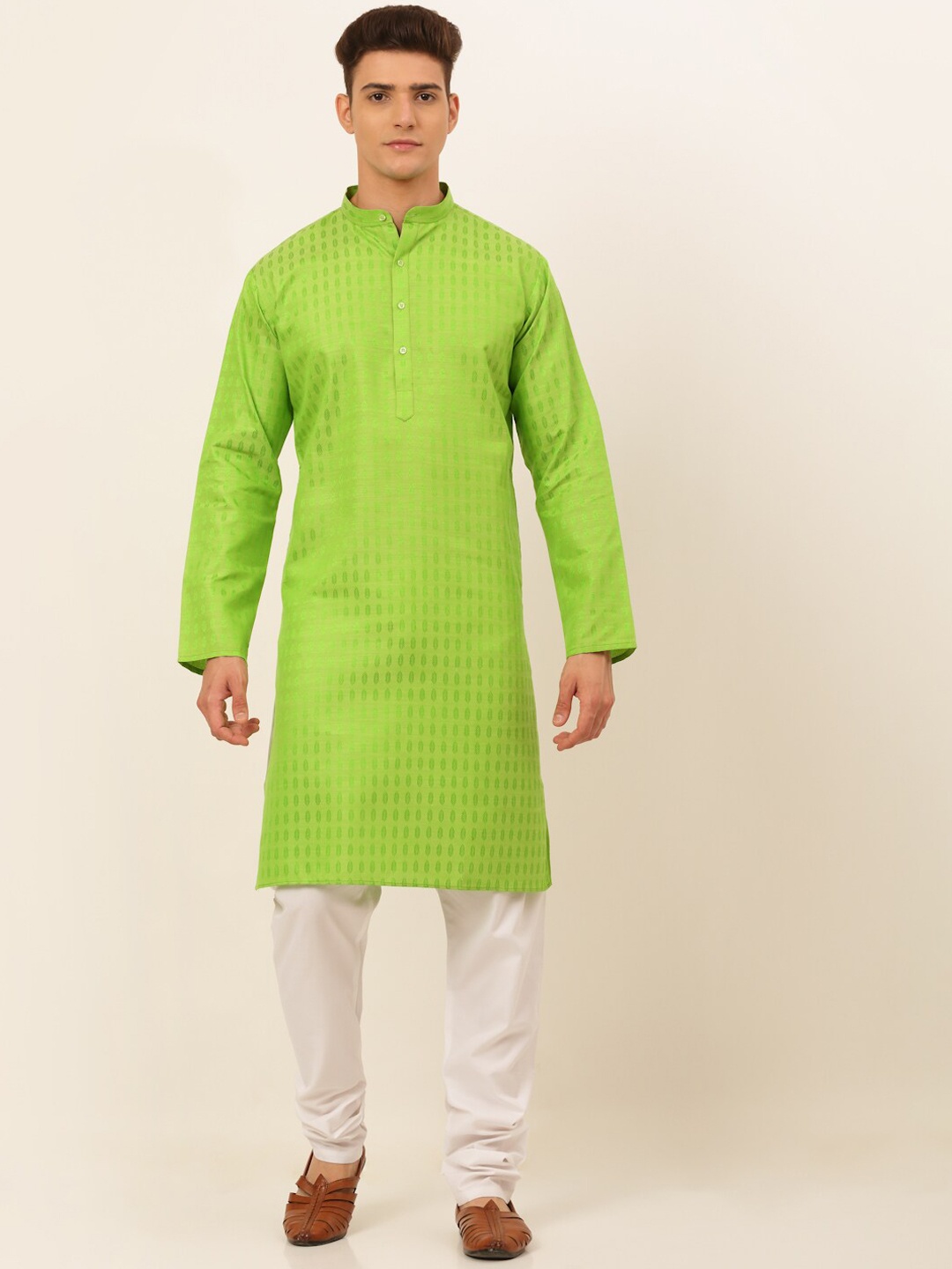 

Jompers Men Green Ethnic Motifs Kurta Woven Design With Churidar