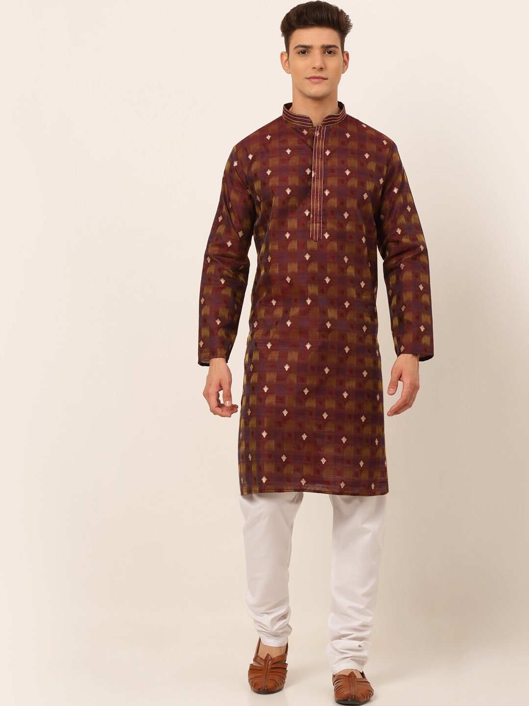 

Jompers Men Maroon Embroidered Angrakha Thread Work Kurta with Pyjamas