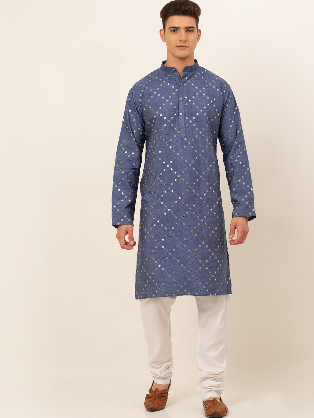 

Jompers Men Grey Embroidered Mirror Work Dupion Silk Kurta with Pyjamas