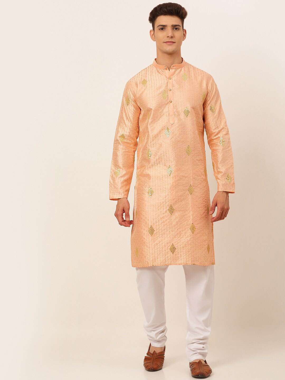 

Jompers Men Peach & White Embroidered Sequined Kurta with Churidar