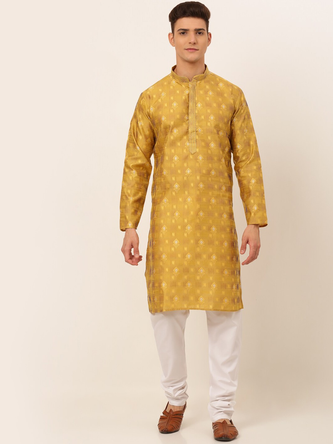 

Jompers Men Mustard Yellow Ethnic Motifs Angrakha Thread Work Kurta with Pyjamas