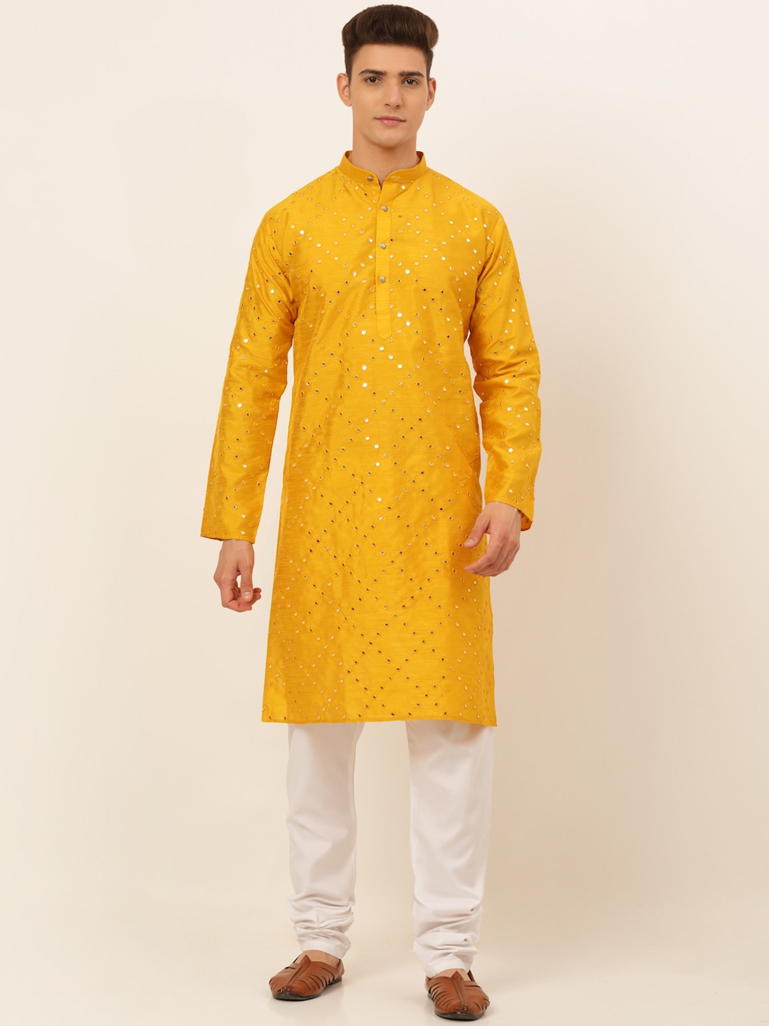

Jompers Men Mustard Yellow Embroidered Mirror Work Dupion Silk Kurta with Pyjama Set
