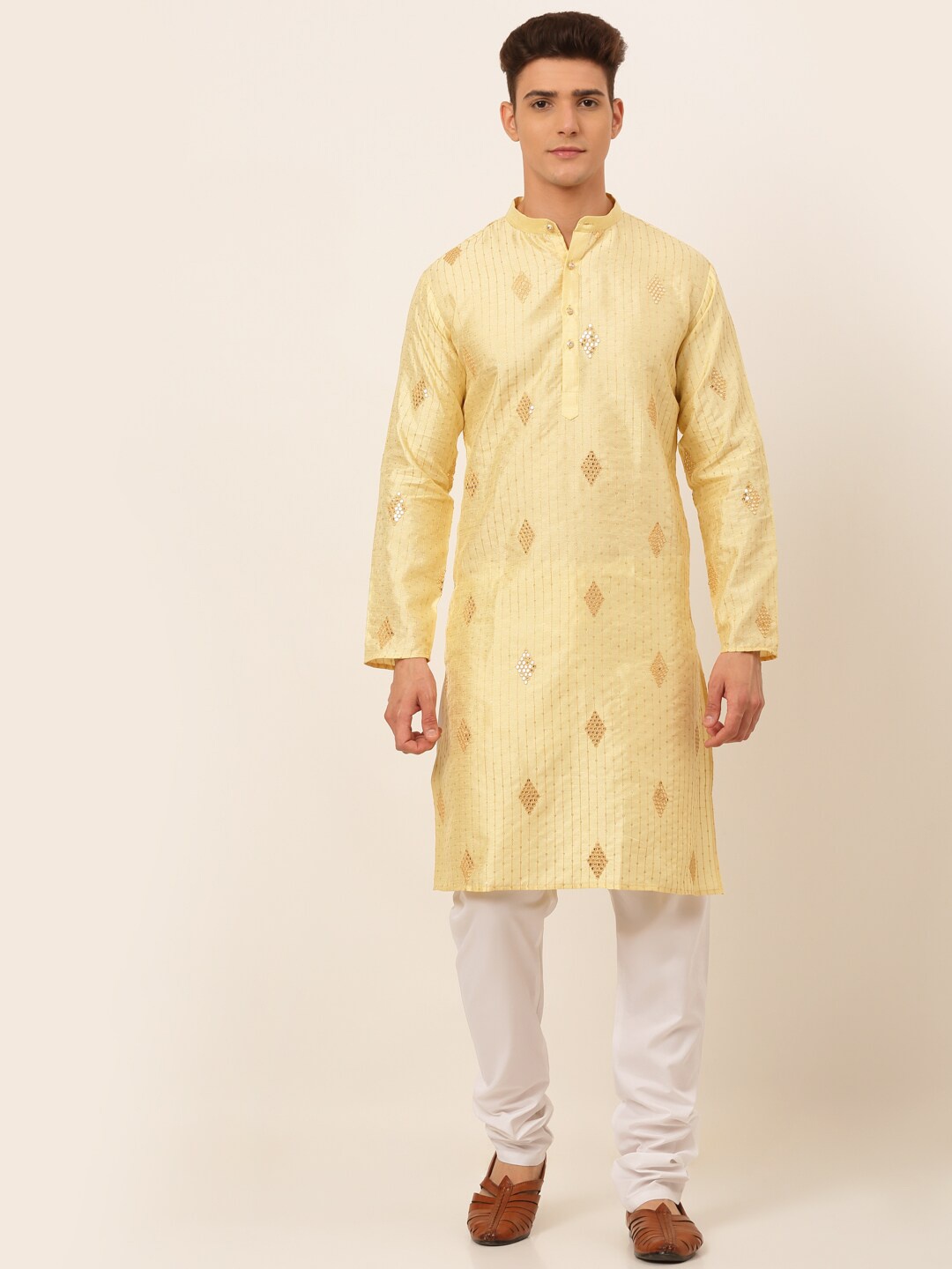 

Jompers Men Gold-Toned Ethnic Motifs Embroidered Mirror Work Kurta with Churidar