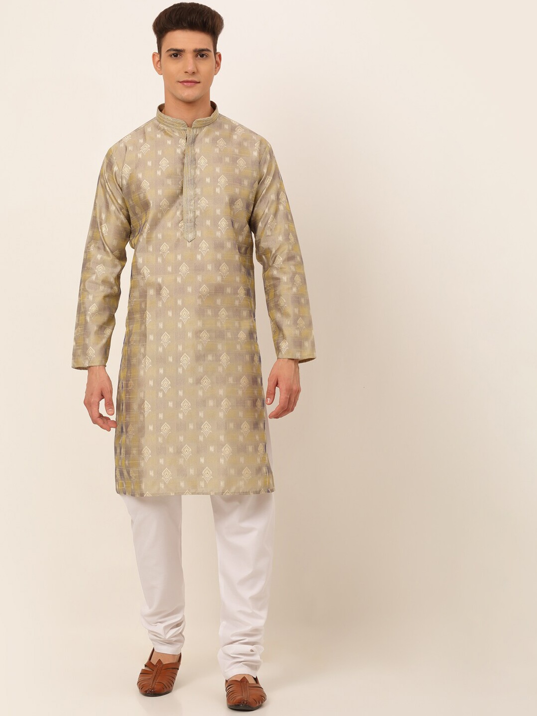 

Jompers Men Beige Thread Work Kurta with Pyjama