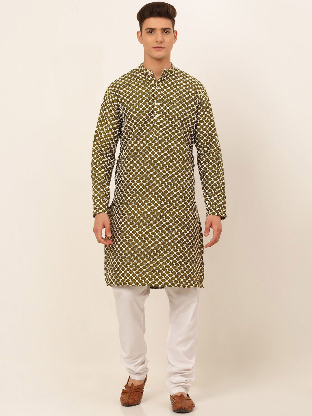 

Jompers Men Olive Green Printed Chikankari Dupion Silk Kurta with Churidar