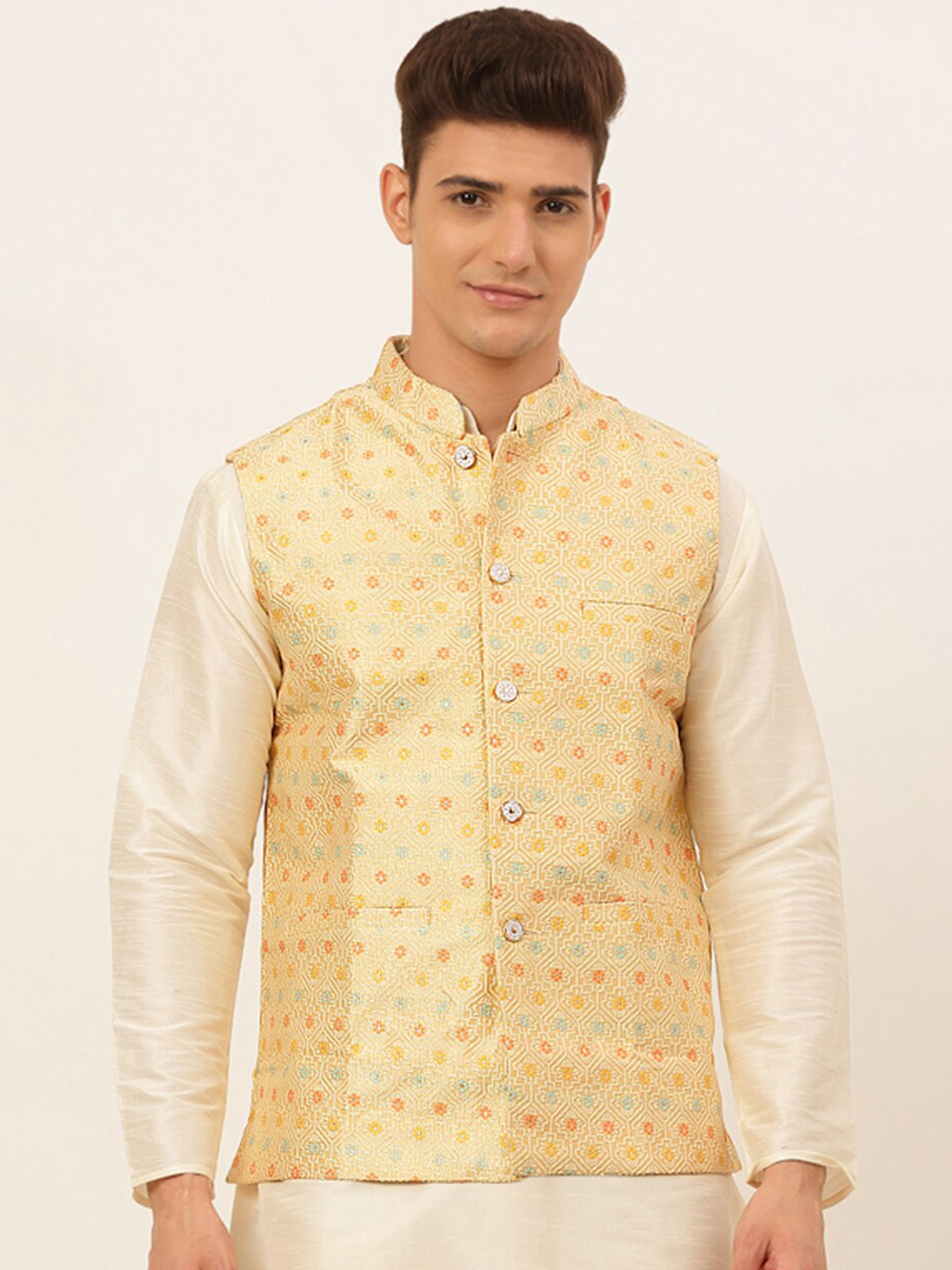 

Jompers Men Yellow Embroidered Nehru Jacket