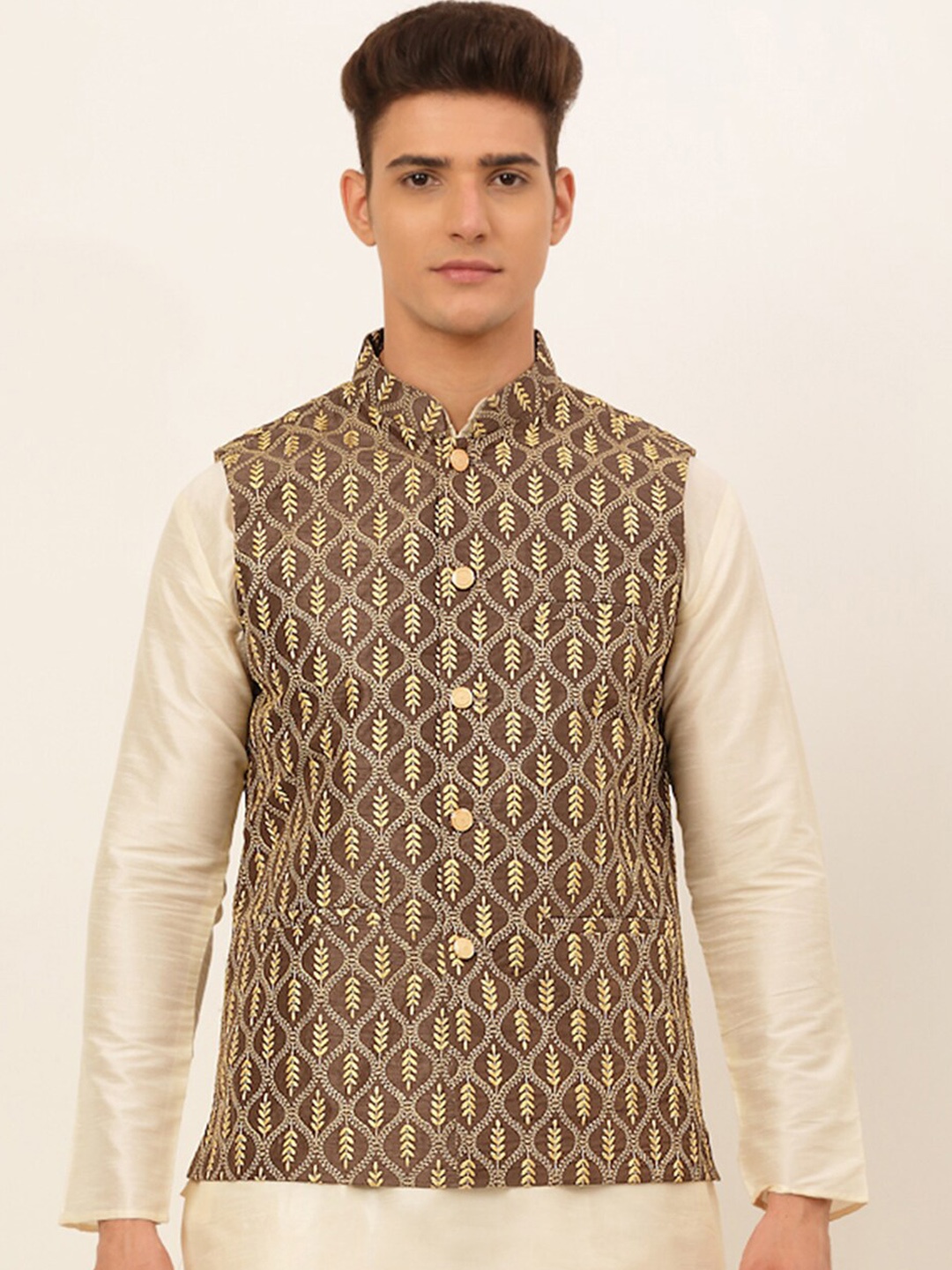 

Jompers Men Brown & Golden Embroidered Nehru Jackets