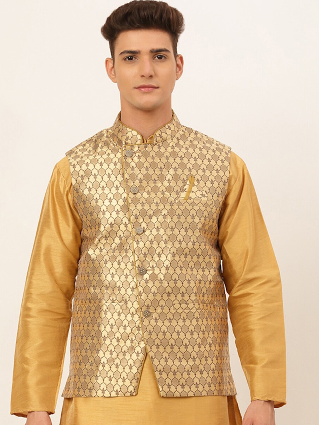 

Jompers Men Gold & Brown Woven-Design Nehru Jacket
