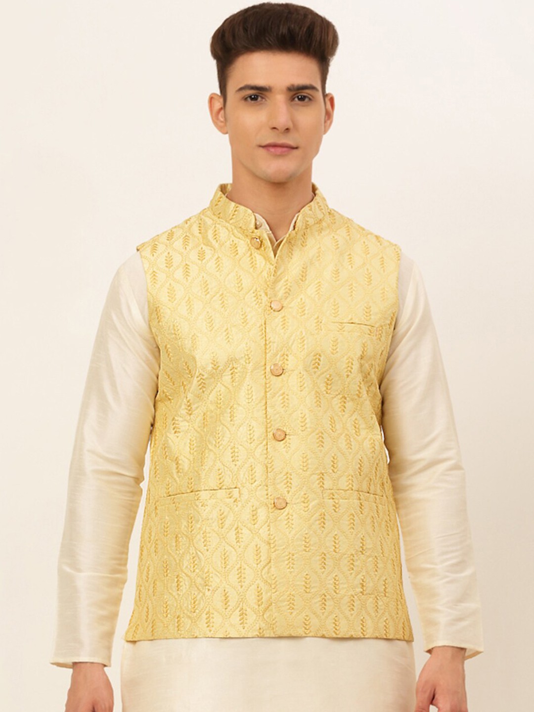 

Jompers Men Yellow & Gold Embroidered Woven-Design Nehru Jackets