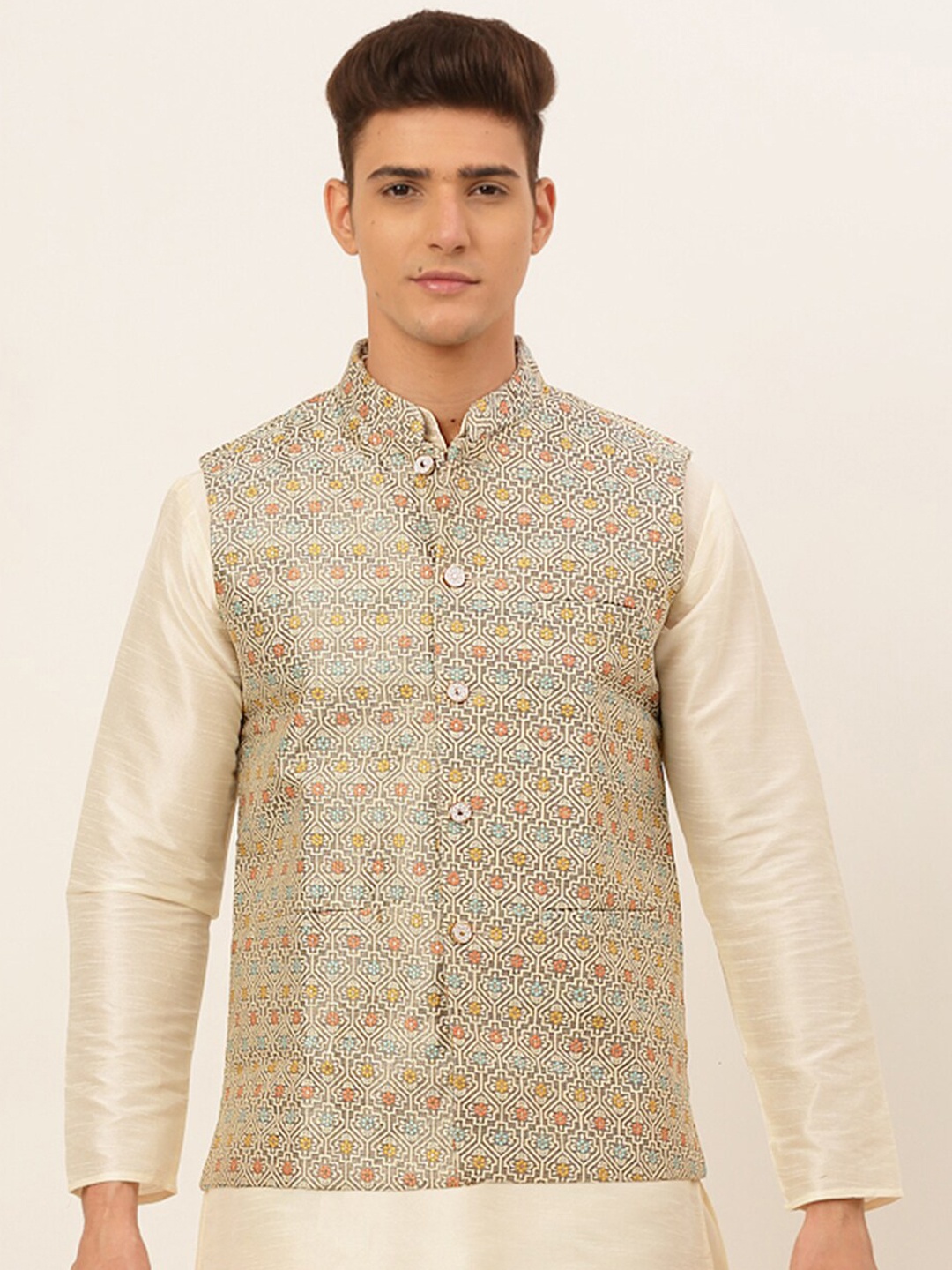 

Jompers Men Grey & White Woven-Design Nehru Jackets