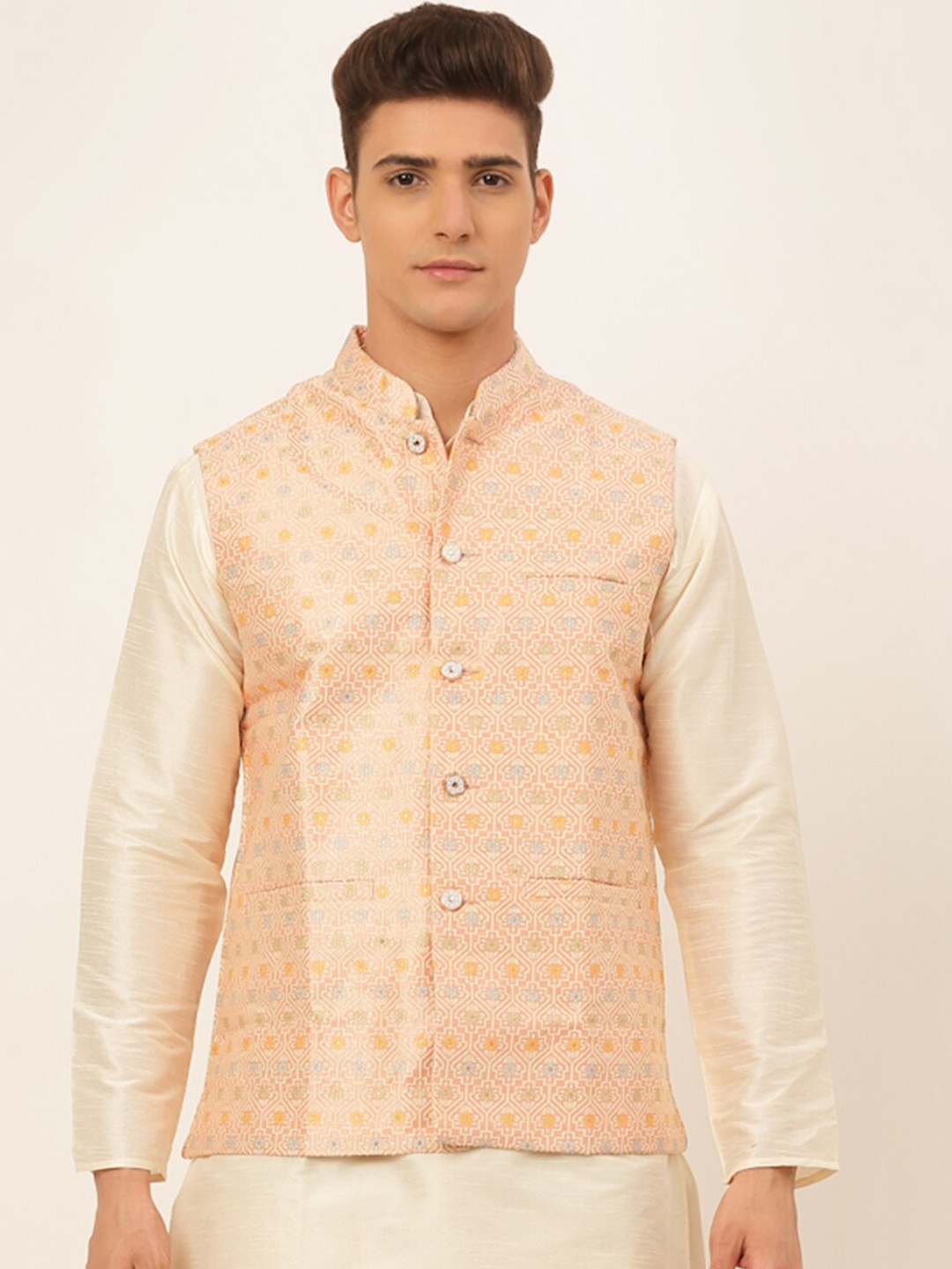 

Jompers Men Pink Embroidered Nehru Jacket