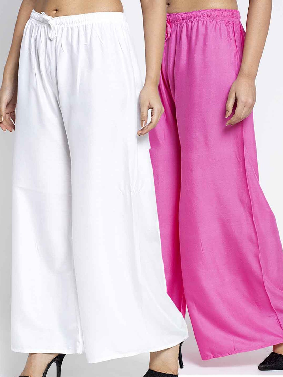 

GRACIT Women White & Pink Set Of 2 Solid Rayon Palazzos