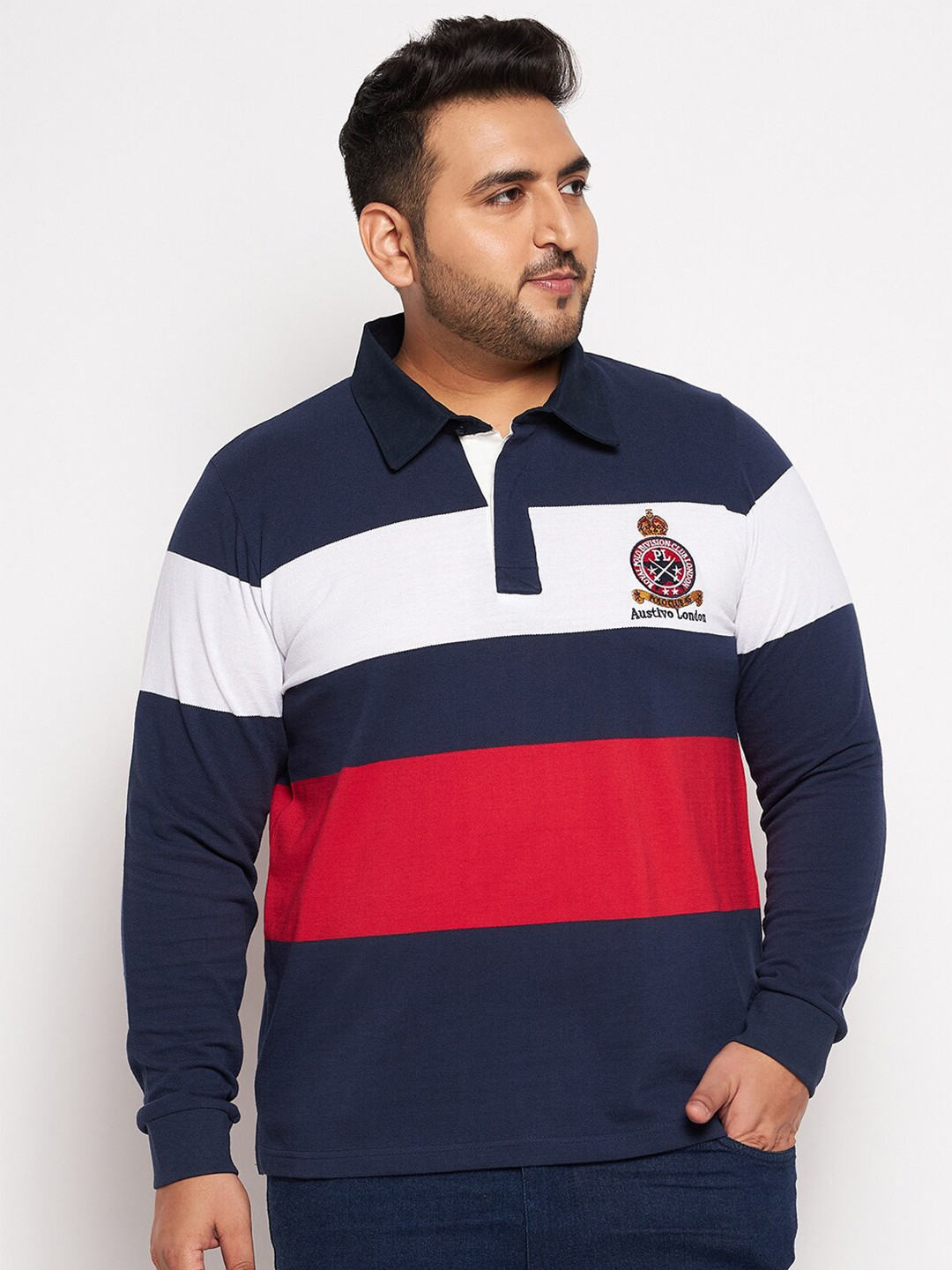 

AUSTIVO Men Navy Blue & Red Colourblocked Polo Collar Cotton T-shirt