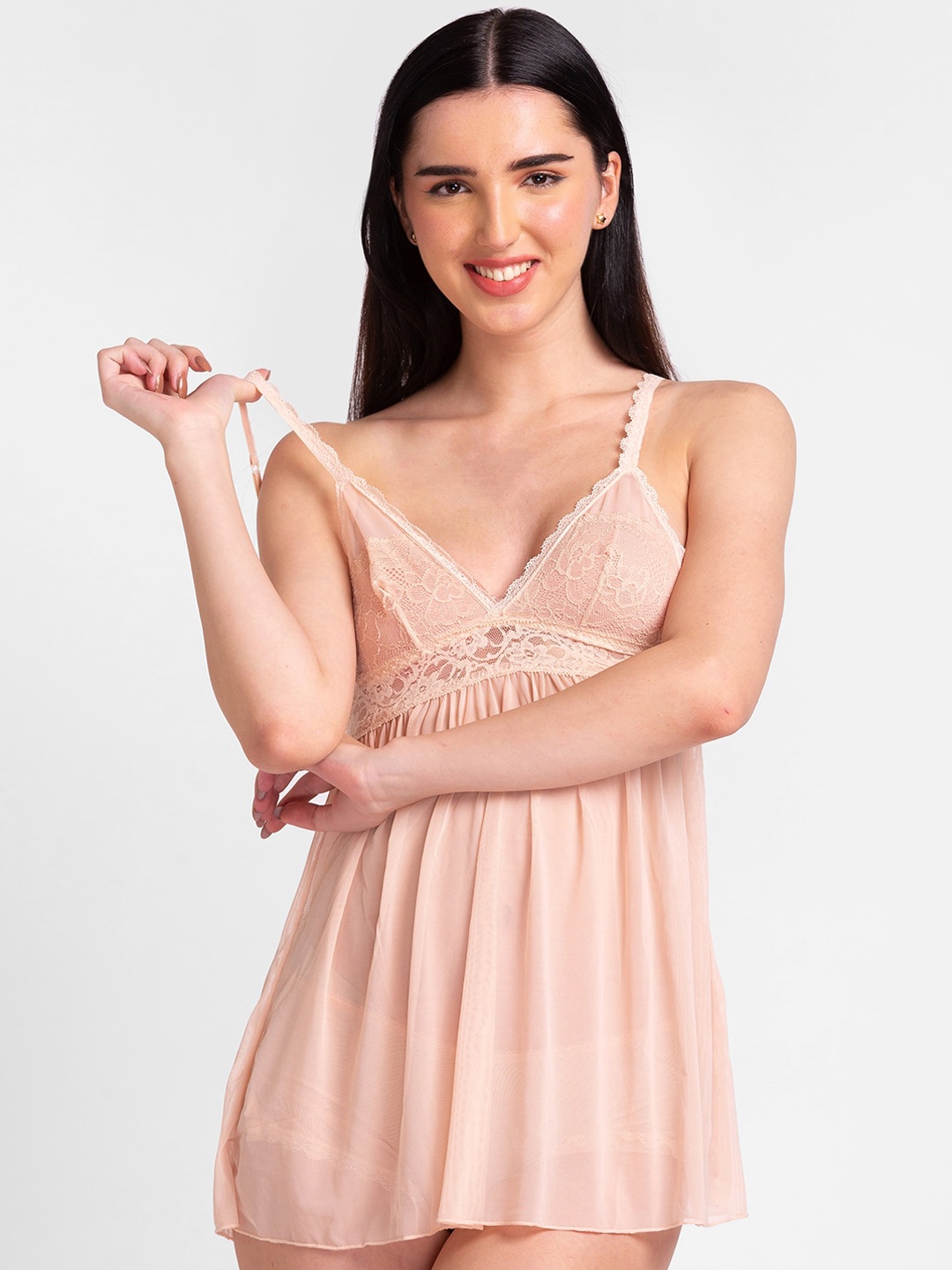 

XIN Women Peach-Coloured Shoulder Strap Laced Baby Doll