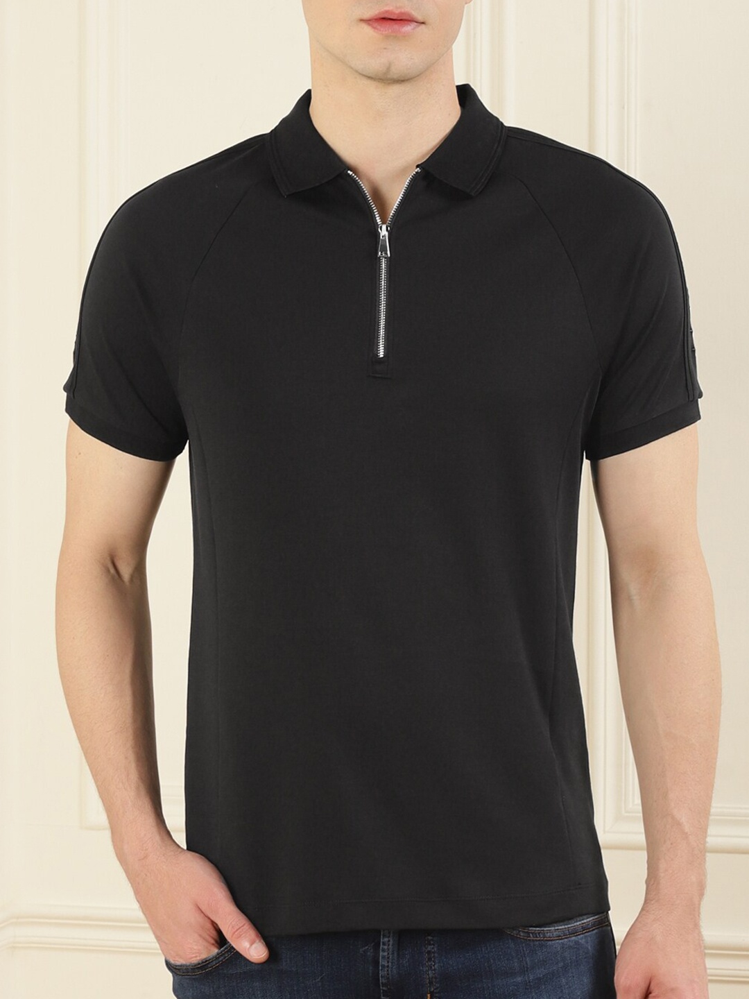 

HACKETT LONDON Men Black Cotton Half-Zip Polo Collar T-shirt
