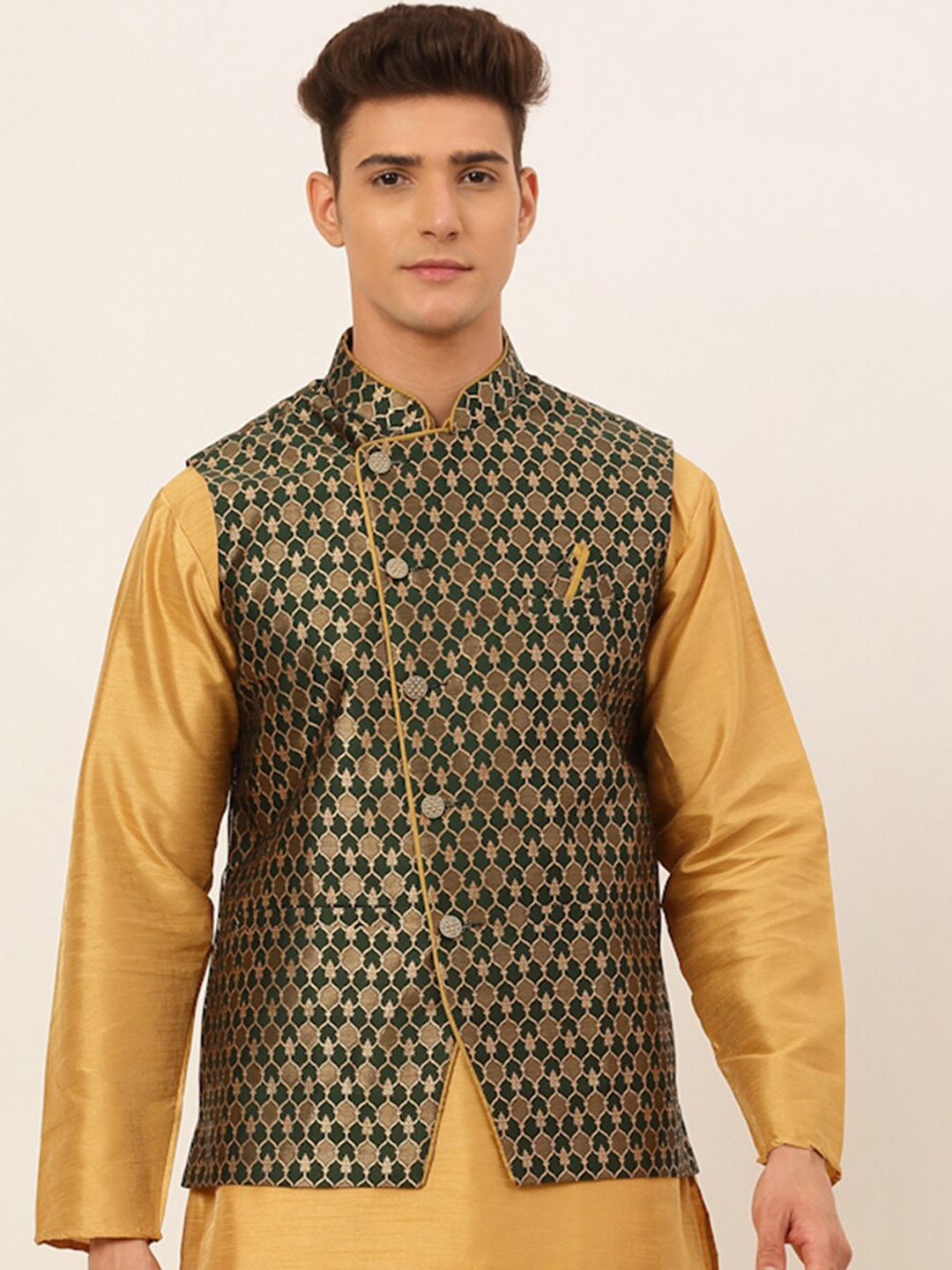 

Jompers Men Green & Golden Woven Design Nehru Jacket