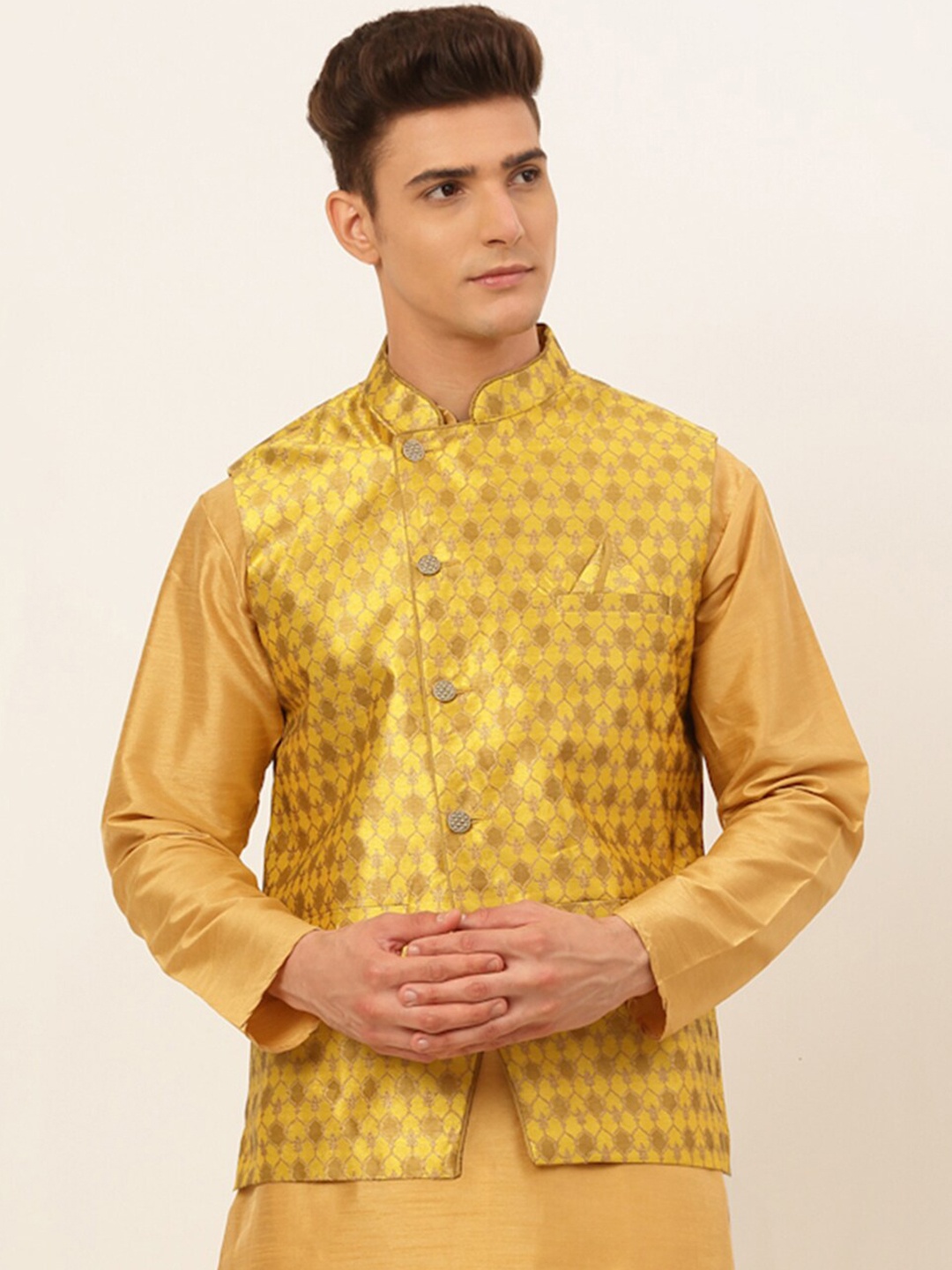 

Jompers Men Mustard Yellow Woven Design Waistcoat
