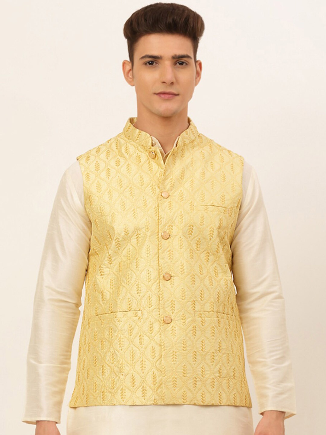 

Jompers Men Yellow Embroidered Nehru Jacket