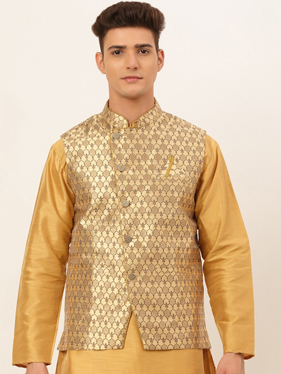 

Jompers Men Gold Toned Woven Design Silk Cotton Nehru Jacket With pocket Square