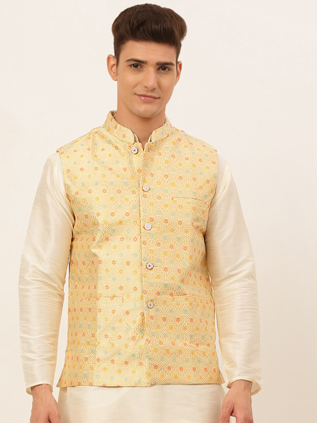 

Jompers Men Yellow Embroidered Silk Cotton Nehru Jacket