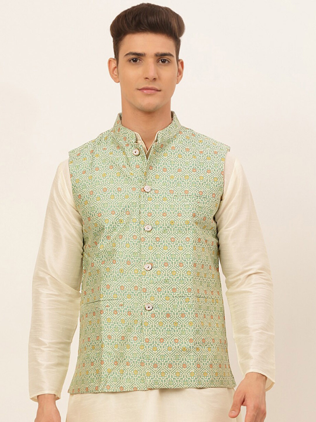 

Jompers Men Green Embroidered Nehru Jacket
