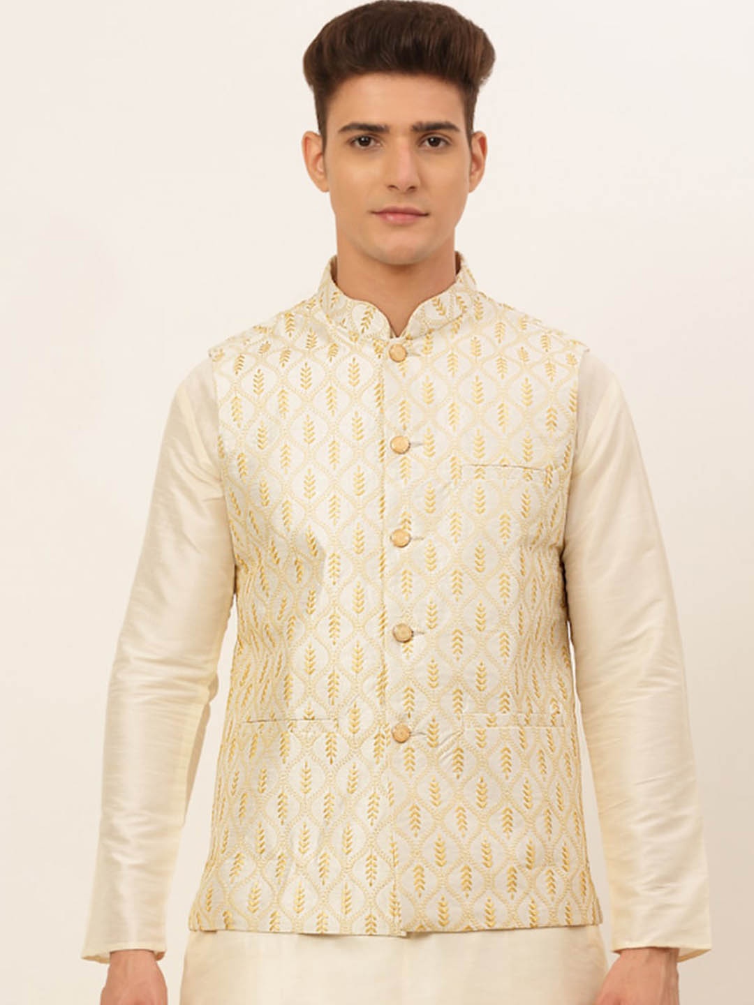 

Jompers Men Grey & Yellow Embroidered Nehru Jacket