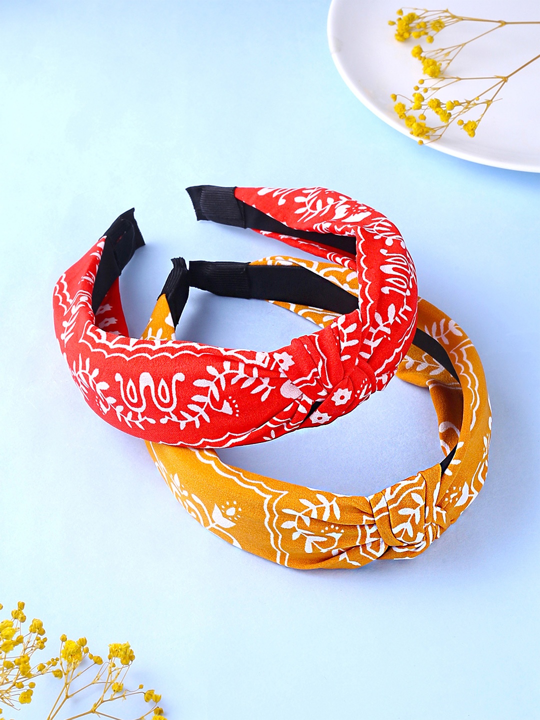 

Yellow Chimes Women Set of 2 Yellow & Red Fabric Knot Floral Printed Hairband