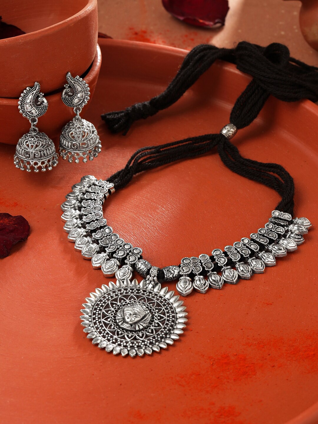 

Yellow Chimes Silver Oxidised Dori Thread Antique Durga Traditional Necklace Set