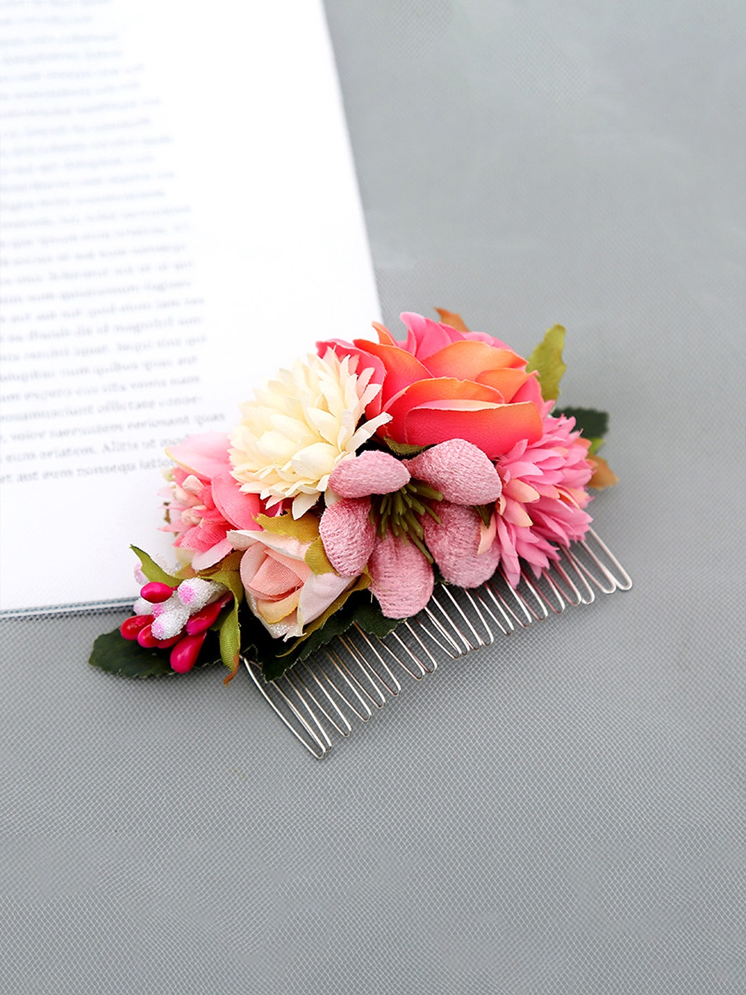 

Yellow Chimes Multicolor Bridal Floral Comb Pin, Pink
