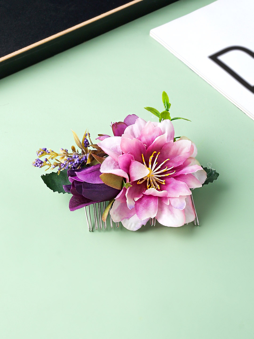 

Yellow Chimes Women Purple & Green Bridal Floral Comb Pin