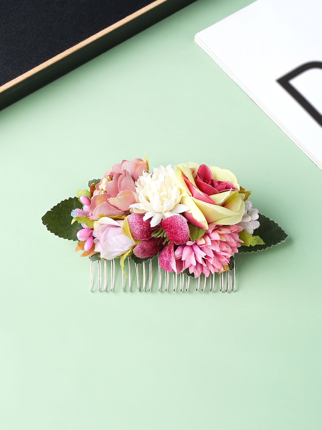 

Yellow Chimes Women Multicolor Bridal Floral Comb Pin, White