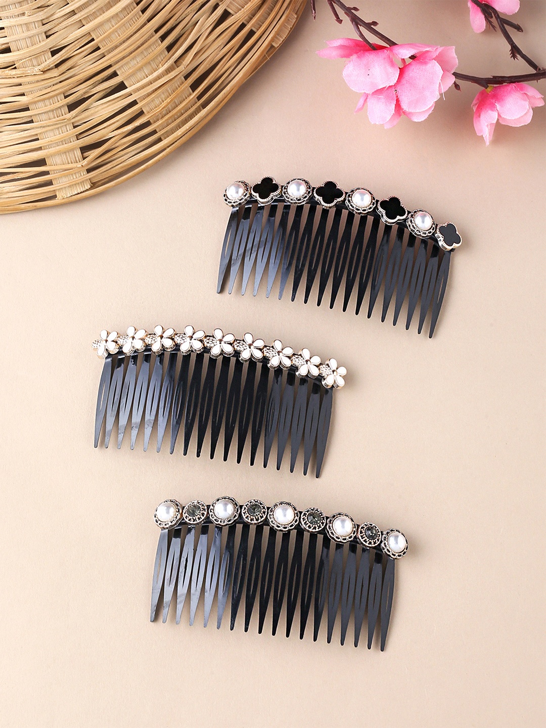 

Yellow Chimes Women Pack of 3 Black Pearl Comb Pin