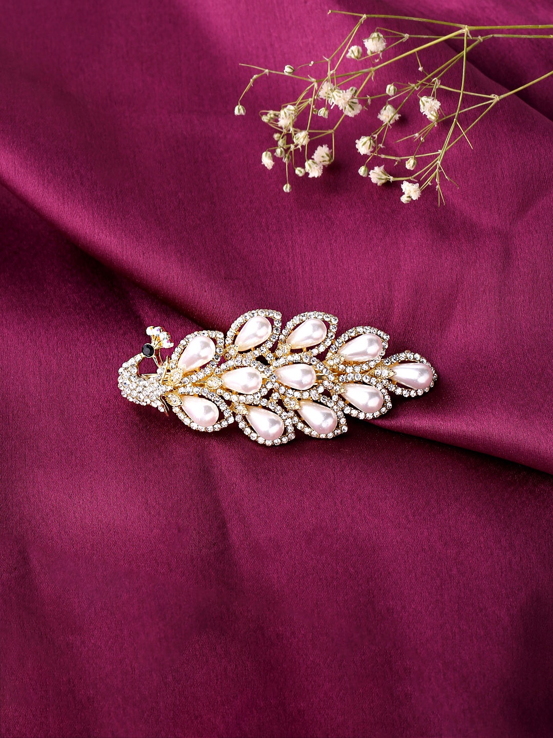 

Yellow Chimes Women Silver-Toned White Pearl Peacock Shaped French Barrette