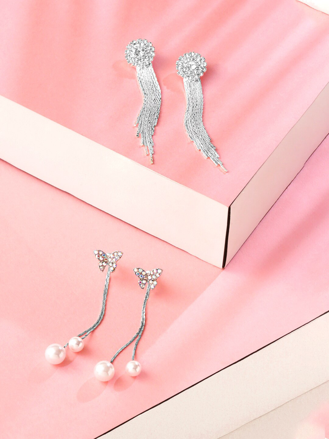 

Yellow Chimes Set Of 2 Silver-Plated & White Pearl Contemporary Drop Earrings