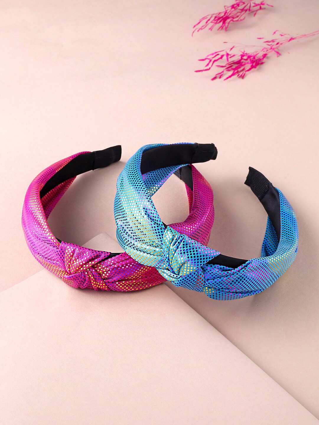 

Yellow Chimes Set of 2 Solid Fabric Knot Floral Printed Hairband, Blue