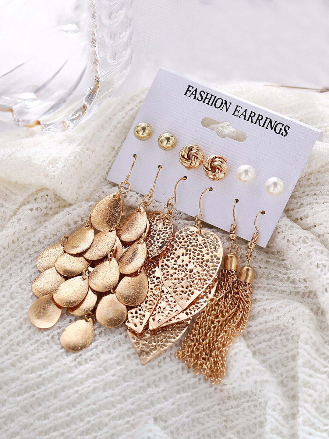 

Yellow Chimes Set of 6 Gold Plated Multiple Stud Earrings Tassel Drop Pearl Earrings