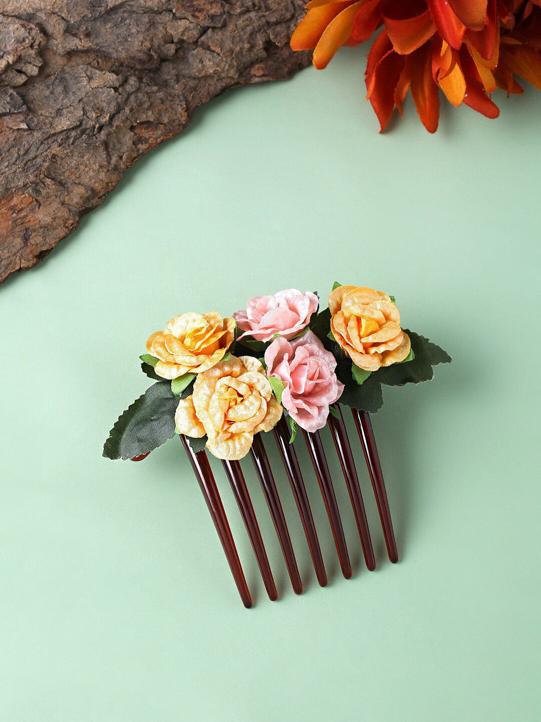 

Yellow Chimes Women Brown & Pink Bridal Floral Comb Pin