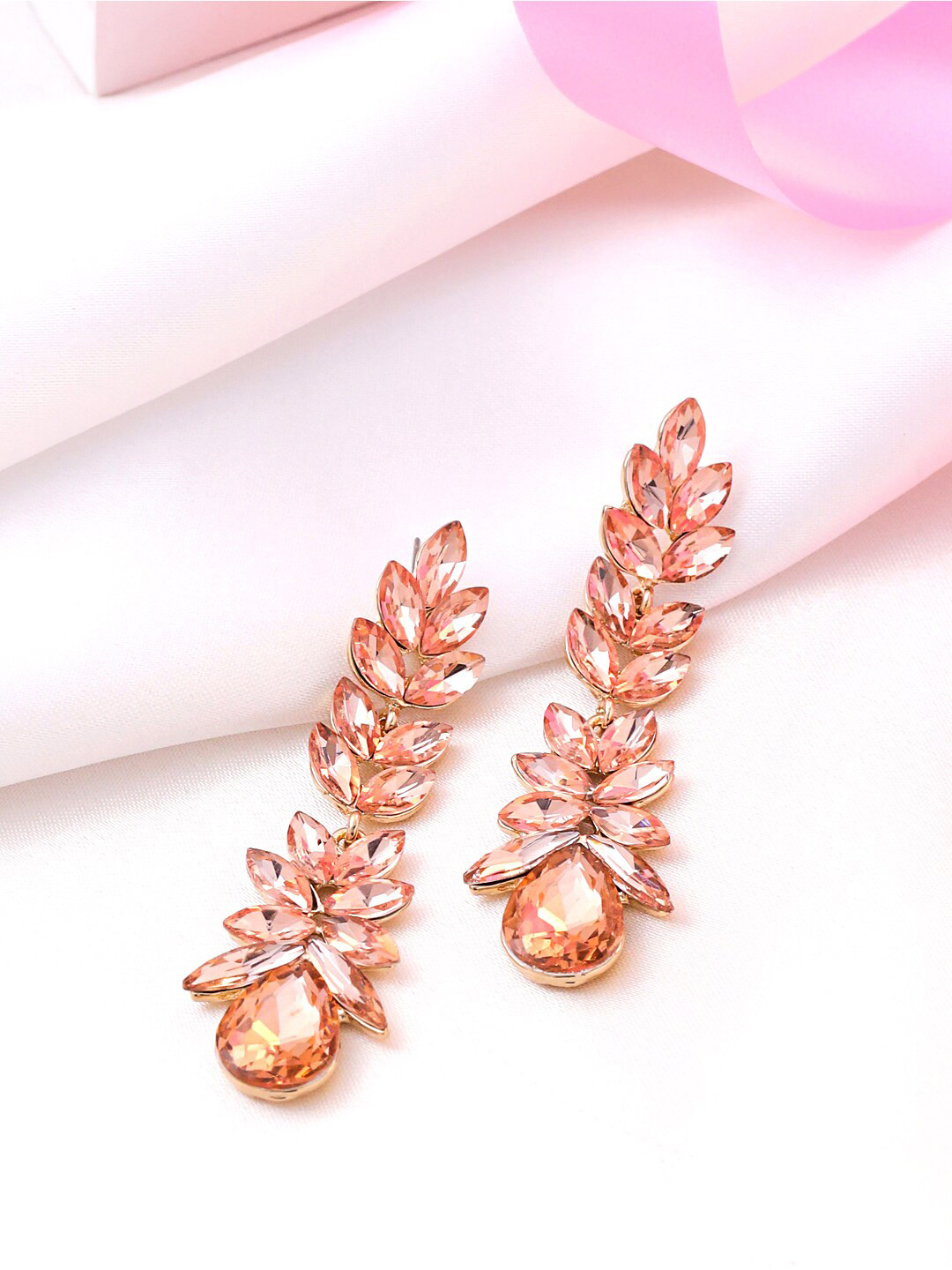 

Yellow Chimes Women Peach-Coloured Elegant Sparkling Crystal Classic Leafy Dangle Earrings
