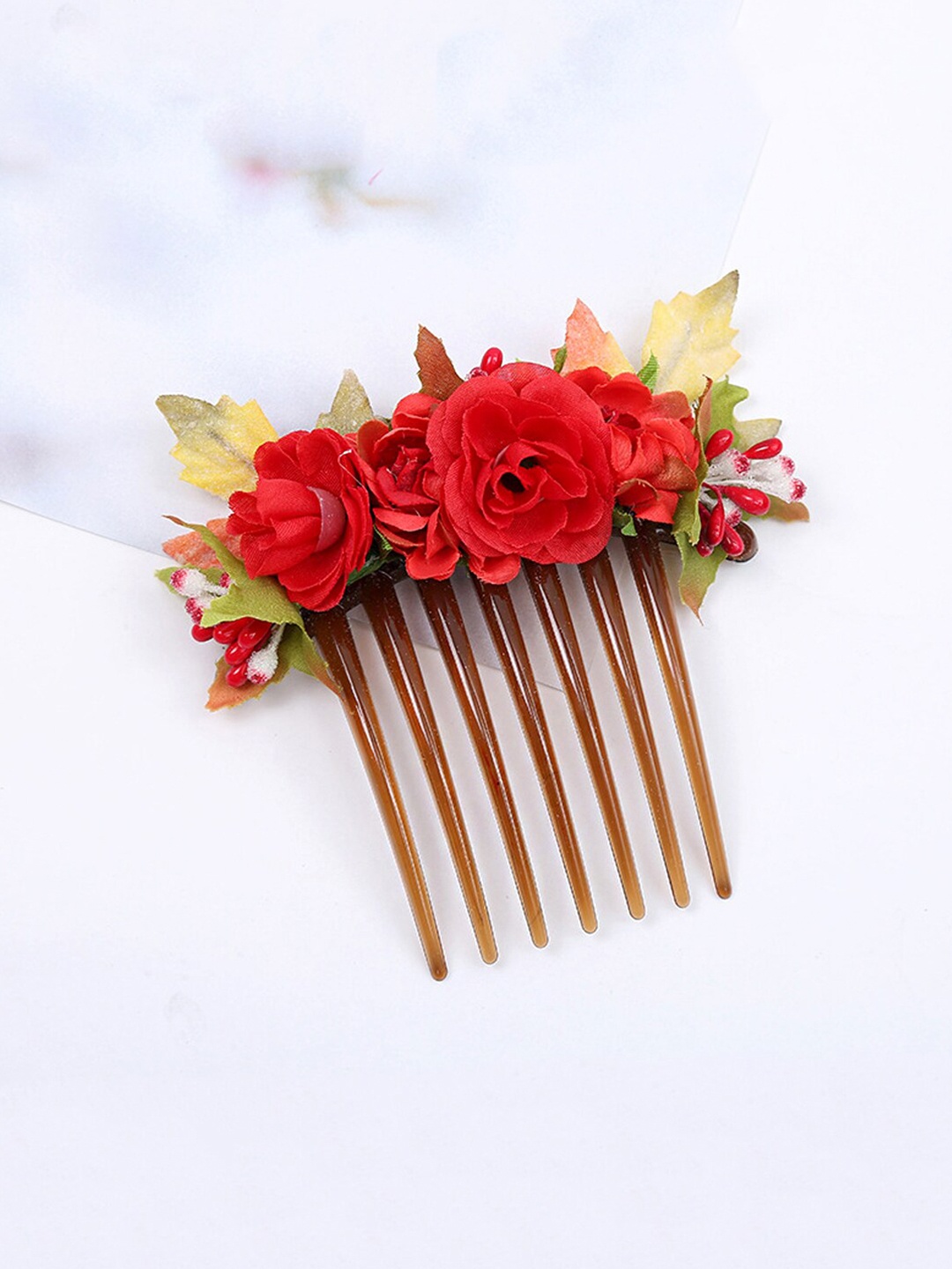 

Yellow Chimes Red Floral Bridal Comb pin