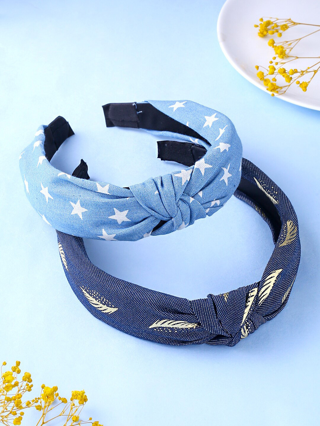 

Yellow Chimes Women Set of 2 Denim Star And Leaf Designed Hairband, Blue